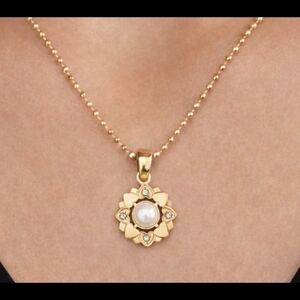 18K Gold Plated Ball Chain Necklace with Flower Pendant Faux Pearl & Rhinestones